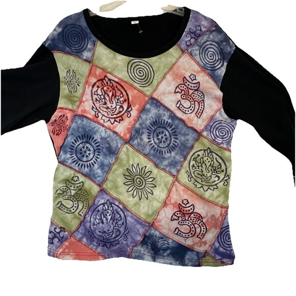 Tie Dye Boho Hippie Patchwork T Shirt Art To Wear Size L / XL Nepal Whimsy - Picture 4 of 10